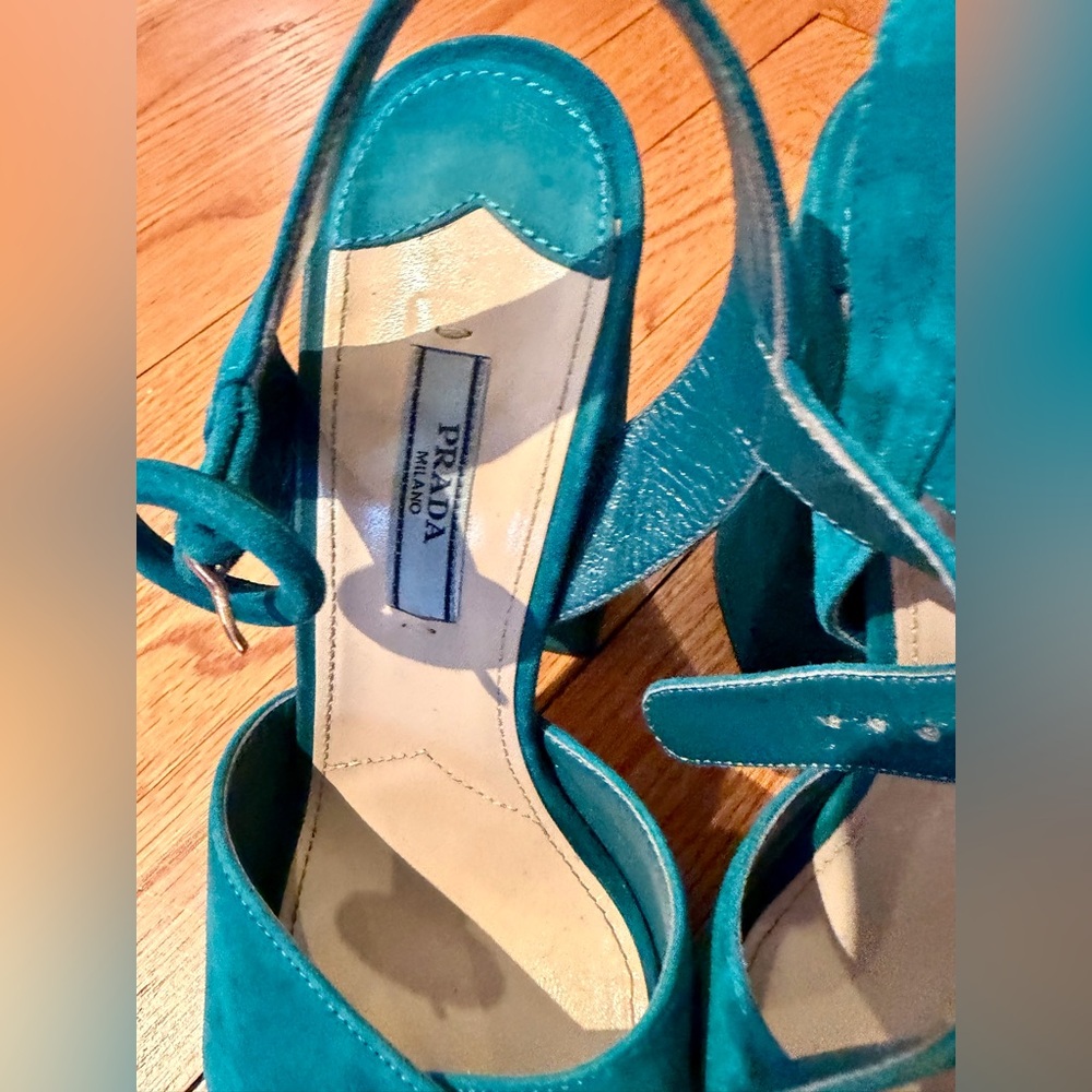 Prada Teal Suede Women’s Heels Platform Sandals sz‎ 7 - Picture 2 of 3